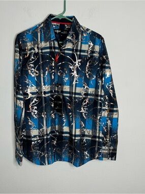 Men's Italian fashion Button Down Short Sleeves Shirt Blue and Silver Pattern